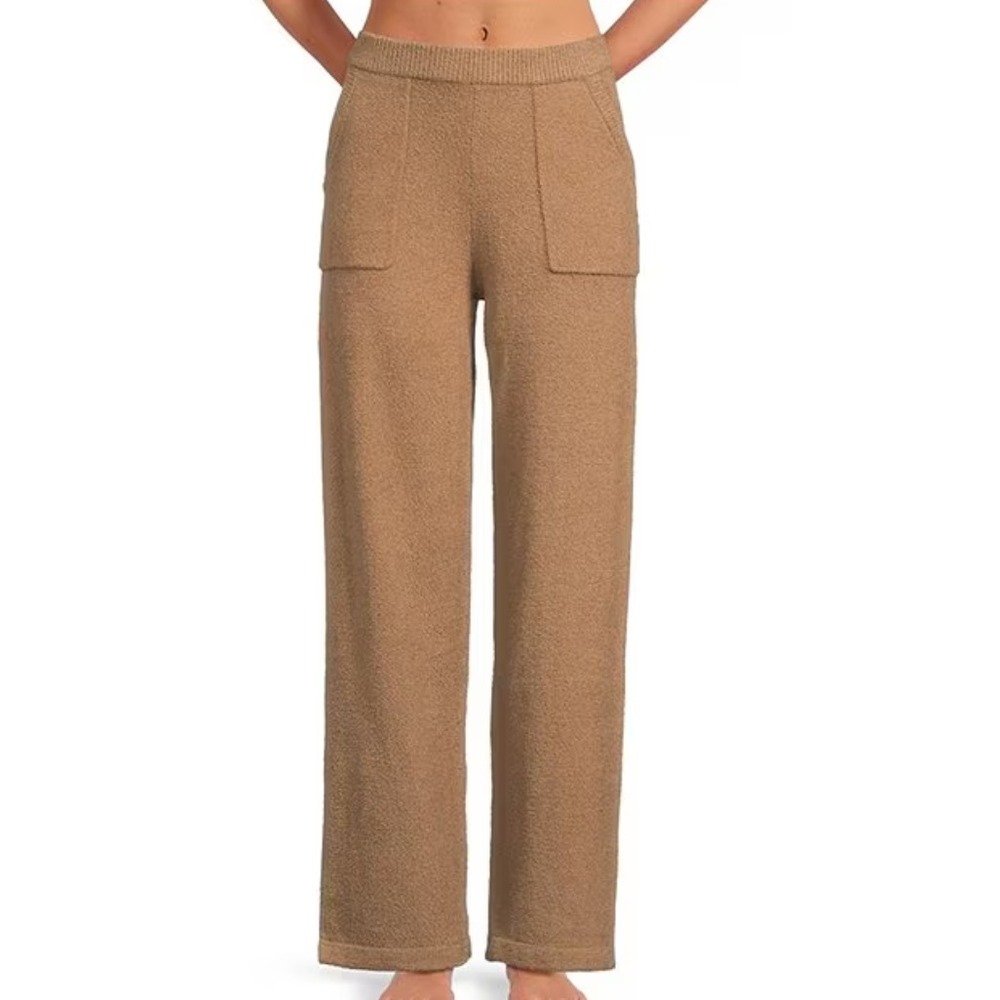 DKNY Wide Leg Lounge Pants Womens L Beige Sweater Knit Cozy Pocket Casual NWT‎